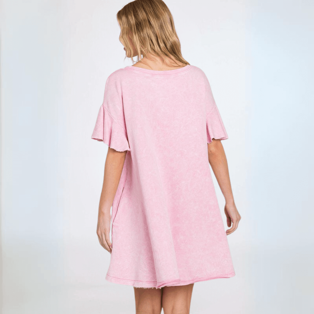 USA Made Women's Pink Baby Doll Mineral Washed Cotton French Terry Dress Mini Dress with Ruffled Sleeves Premium Quality | Classy Cozy Cool Made in America Boutique