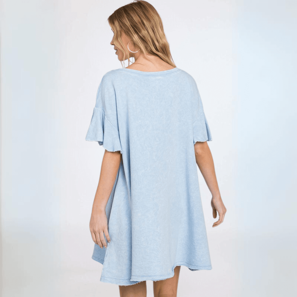 USA Made Women's Light Blue Baby Doll Mineral Washed Cotton French Terry Dress Mini Dress with Ruffled Sleeves Premium Quality | Classy Cozy Cool Made in America Boutique