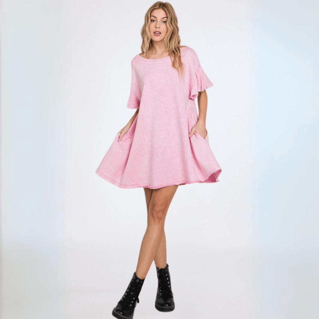 USA Made Women's Pink Baby Doll Mineral Washed Cotton French Terry Dress Mini Dress with Ruffled Sleeves Premium Quality | Classy Cozy Cool Made in America Boutique