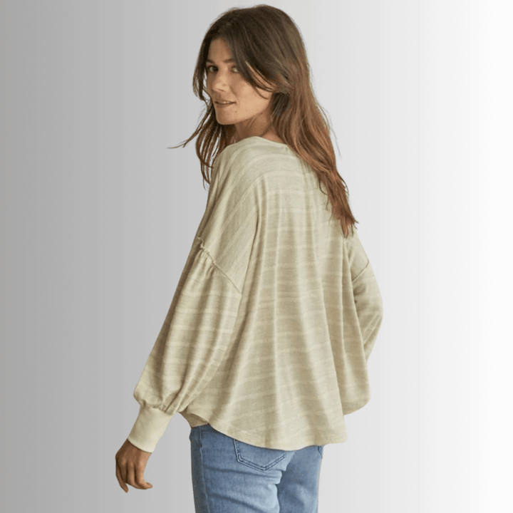 Ladies Knit Thermal Striped Long Sleeve Henley Oversized Boxy Top in Oatmeal Color | By Together Style# RJ2504 |Made in USA | Classy Cozy Cool Women's Made in America Online Clothing Boutique 