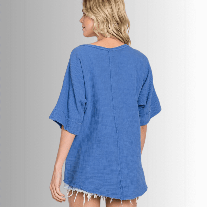 Made in USA Women's V-Neck, Raw Edge Detail, Short Cuffed Sleeves, Textured 100% Cotton Double Gauze Top in Denim Blue | Classy Cozy Cool Made in America Boutique