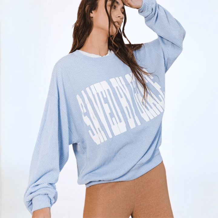 Made in USA Ribbed Textured Women's Light Blue Graphic "SAVED BY GRACE" Oversized Sweatshirt | Bucket List Style T1770