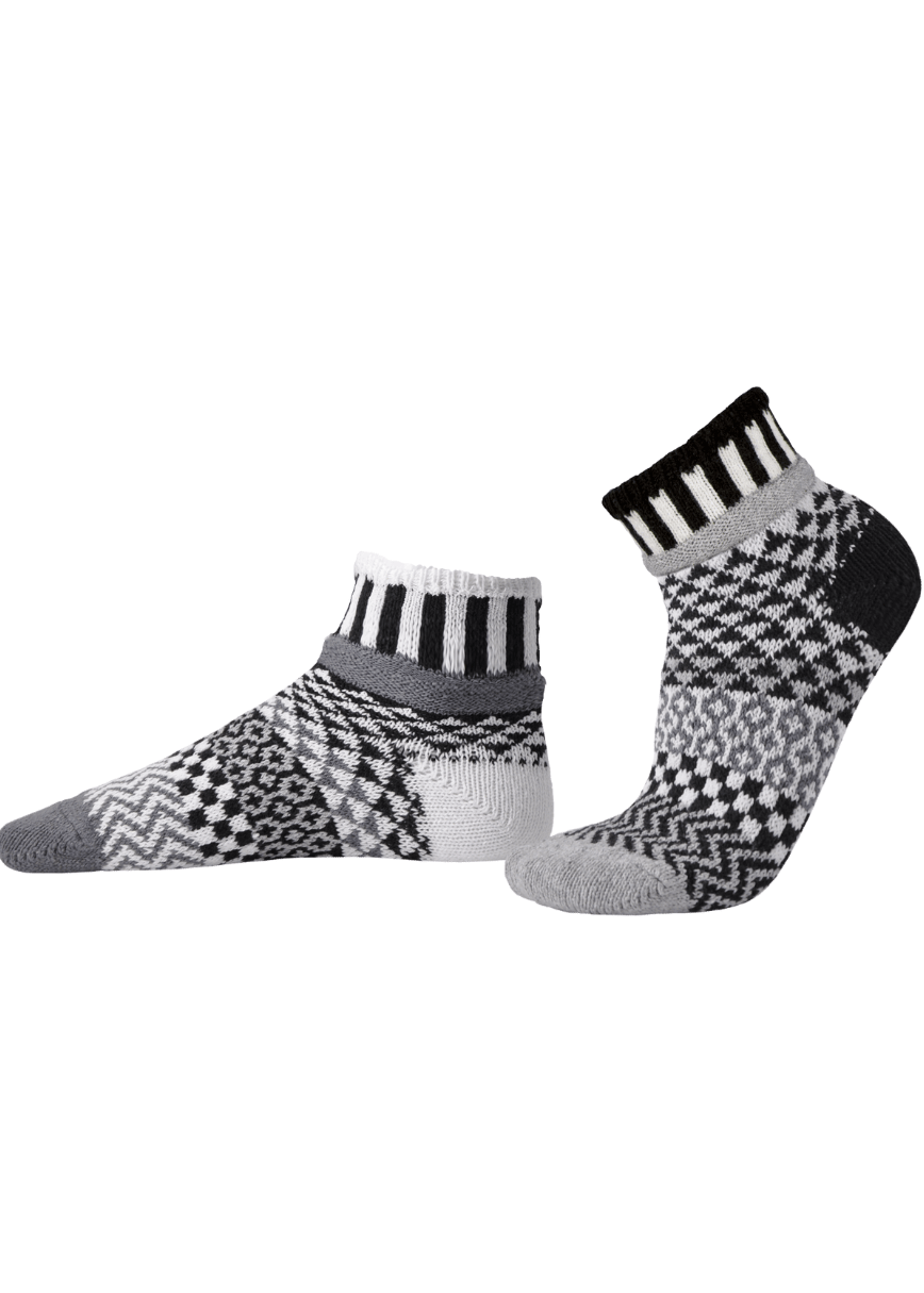 Solmate MIDNIGHT Black & White Knitted Quarter Socks | Made In USA | Delightfully Mismatched & so Very Comfortable.  Classy Cozy Cool Women's Boutique.