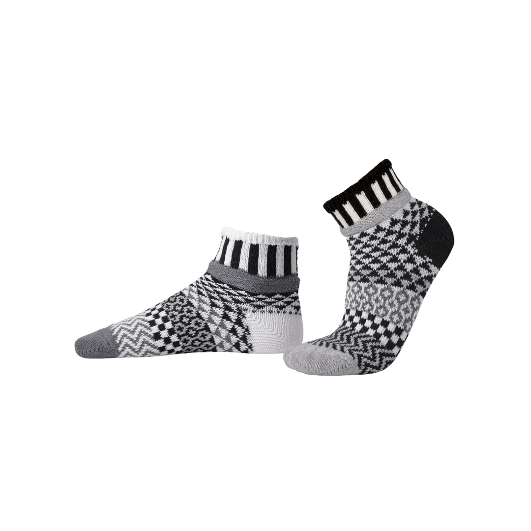 Solmate MIDNIGHT Black & White Knitted Quarter Socks | Made In USA | Delightfully Mismatched & so Very Comfortable.  Classy Cozy Cool Women's Boutique.