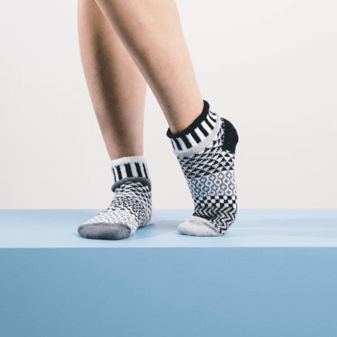 Solmate MIDNIGHT Black & White Knitted Quarter Socks | Made In USA | Delightfully Mismatched & so Very Comfortable.  Classy Cozy Cool Women's Boutique.