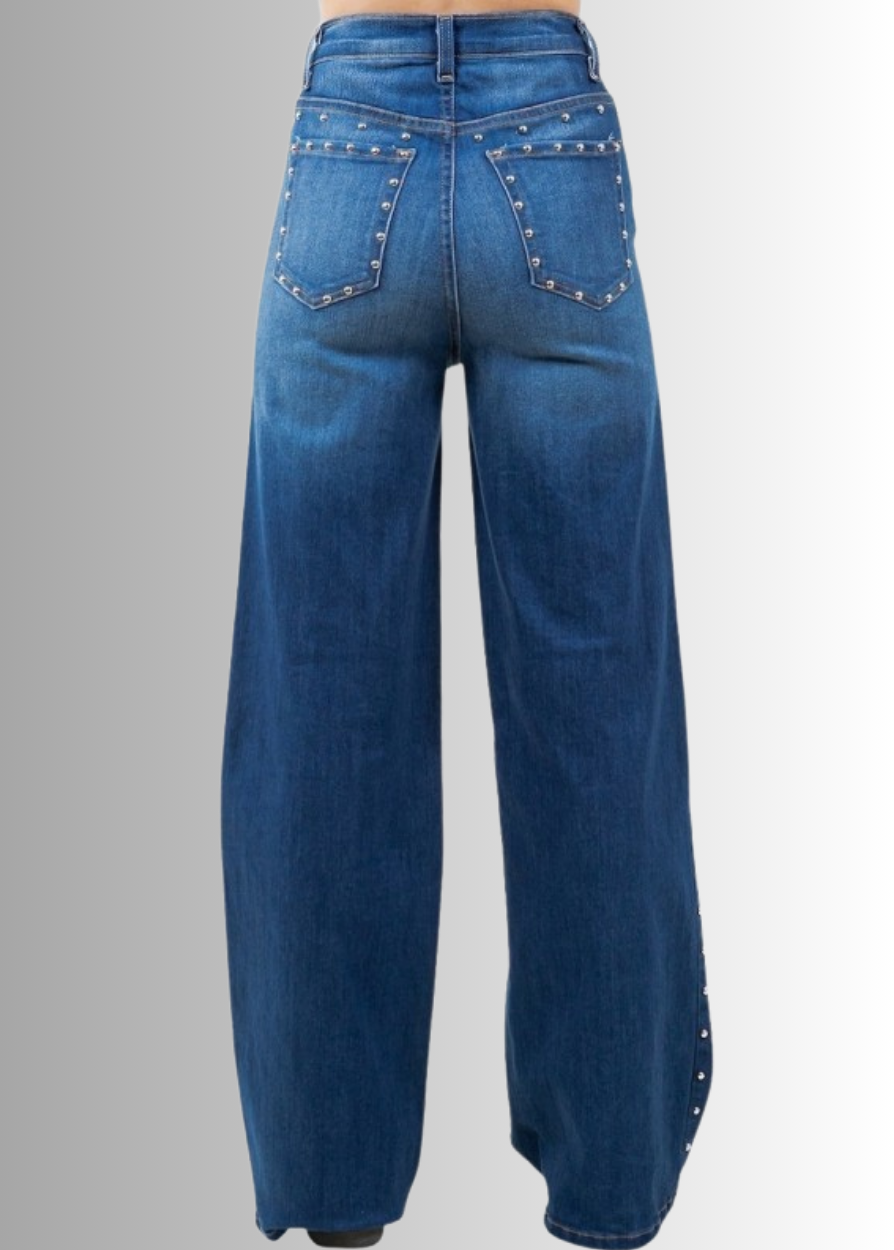 Made in USA - Introducing the Camila Wide Leg High Rise Studded Jean! These jeans are made from premium 11 Ounce Soft Stretch Rich denim that offers both durability and comfort. Long 33" Inseam.