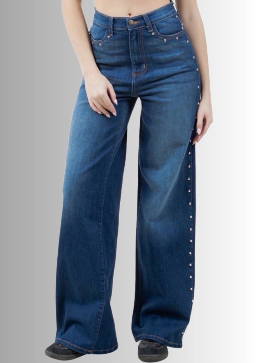 Made in USA - Introducing the Camila Wide Leg High Rise Studded Jean! These jeans are made from premium 11 Ounce Soft Stretch Rich denim that offers both durability and comfort. Long 33" Inseam.