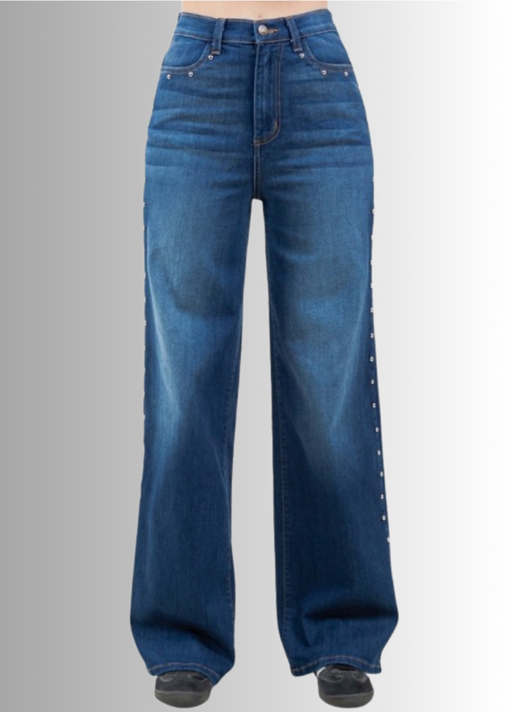 Made in USA - Introducing the Camila Wide Leg High Rise Studded Jean! These jeans are made from premium 11 Ounce Soft Stretch Rich denim that offers both durability and comfort. Long 33" Inseam.