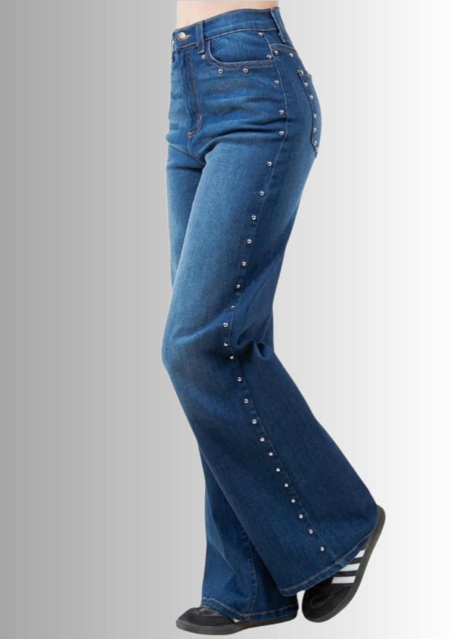 Made in USA - Introducing the Camila Wide Leg High Rise Studded Jean! These jeans are made from premium 11 Ounce Soft Stretch Rich denim that offers both durability and comfort. Long 33" Inseam.
