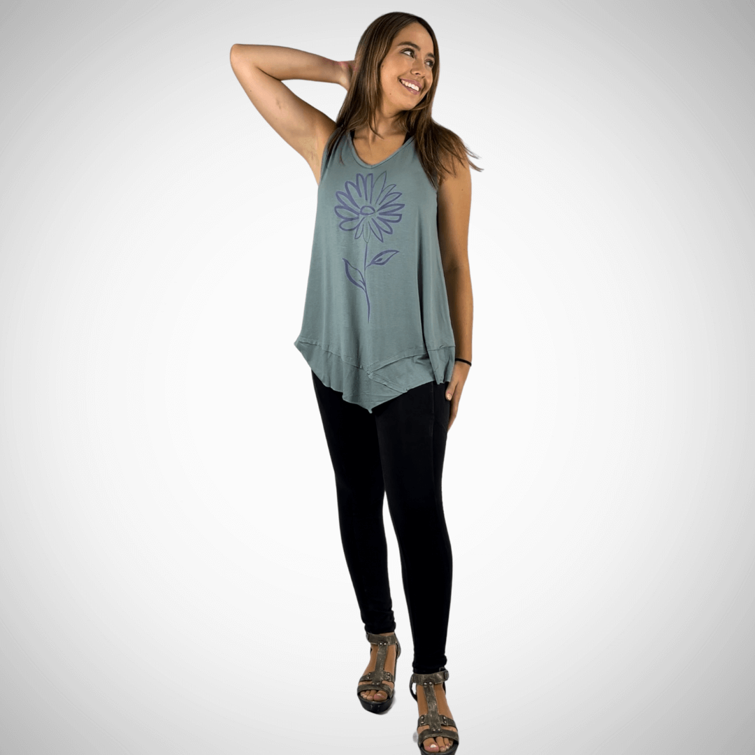 USA Made Women's Daisy Flower Graphic Light Sage Sleeveless V-Neck Asymmetrical Top  | Classy Cozy Cool Women's American Made Boutique