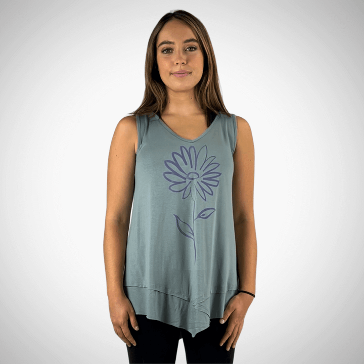 USA Made Women's Daisy Flower Graphic Light Sage Sleeveless V-Neck Asymmetrical Top  | Classy Cozy Cool Women's American Made Boutique