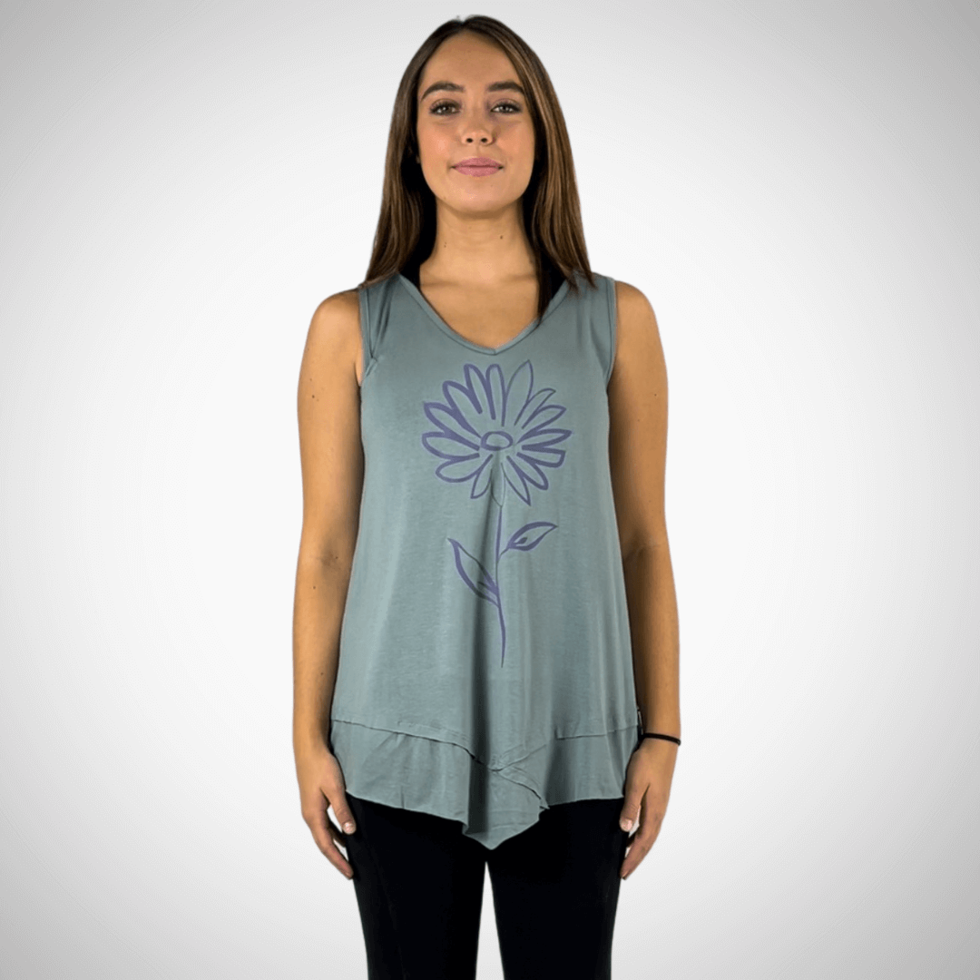 USA Made Women's Daisy Flower Graphic Light Sage Sleeveless V-Neck Asymmetrical Top  | Classy Cozy Cool Women's American Made Boutique