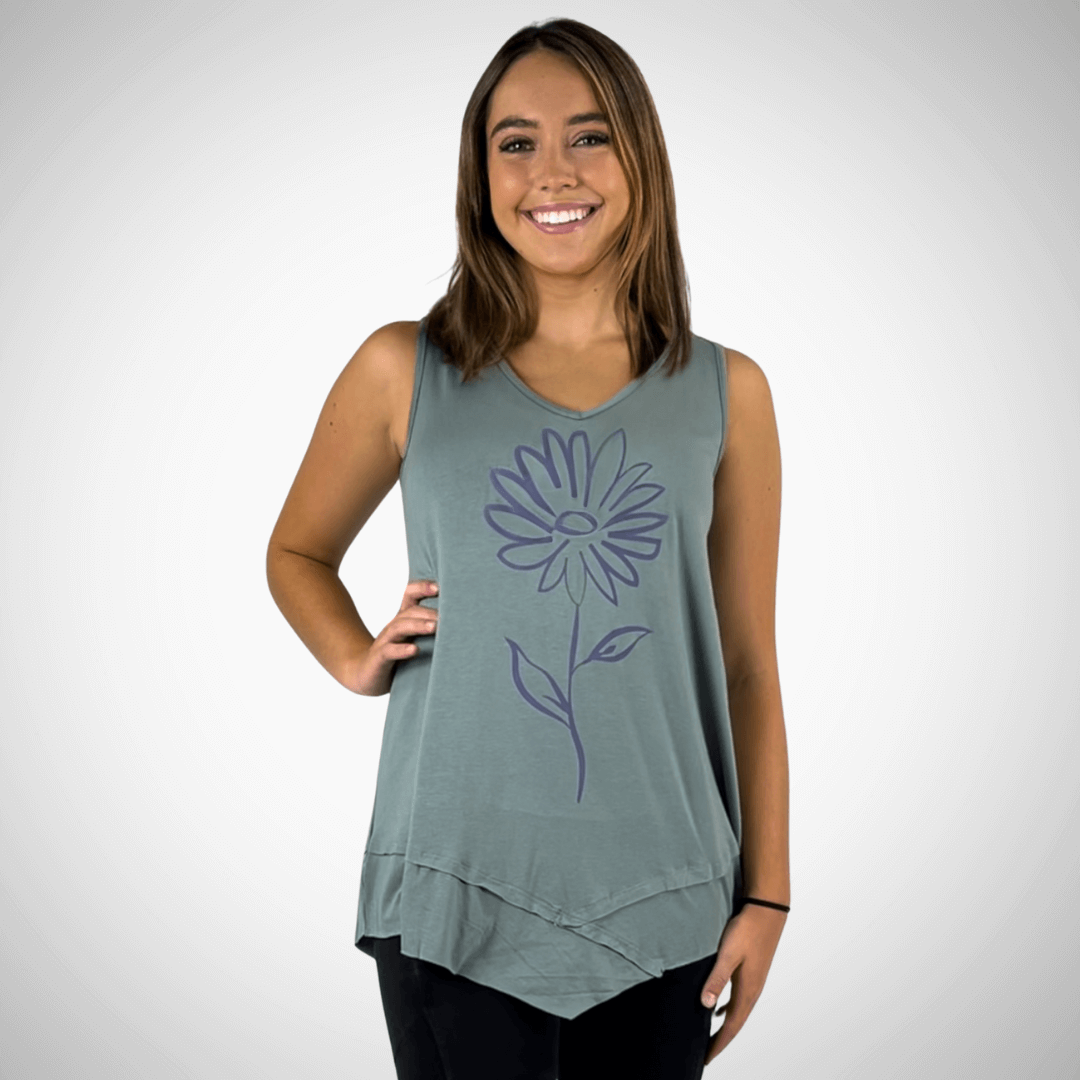 USA Made Women's Daisy Flower Graphic Light Sage Sleeveless V-Neck Asymmetrical Top  | Classy Cozy Cool Women's American Made Boutique