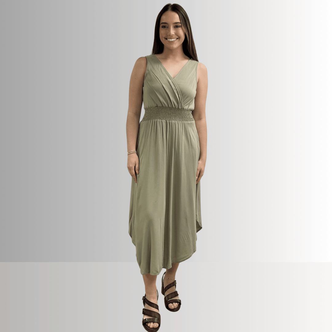 Made in USA Women's Smocked Waist Sleeveless Midi Dress in Sage Green, V-Neck, Rounded Hem Line, 100% Rayon Challis, Machine Wash, Style D40692 | Classy Cozy Cool Made in America Boutique