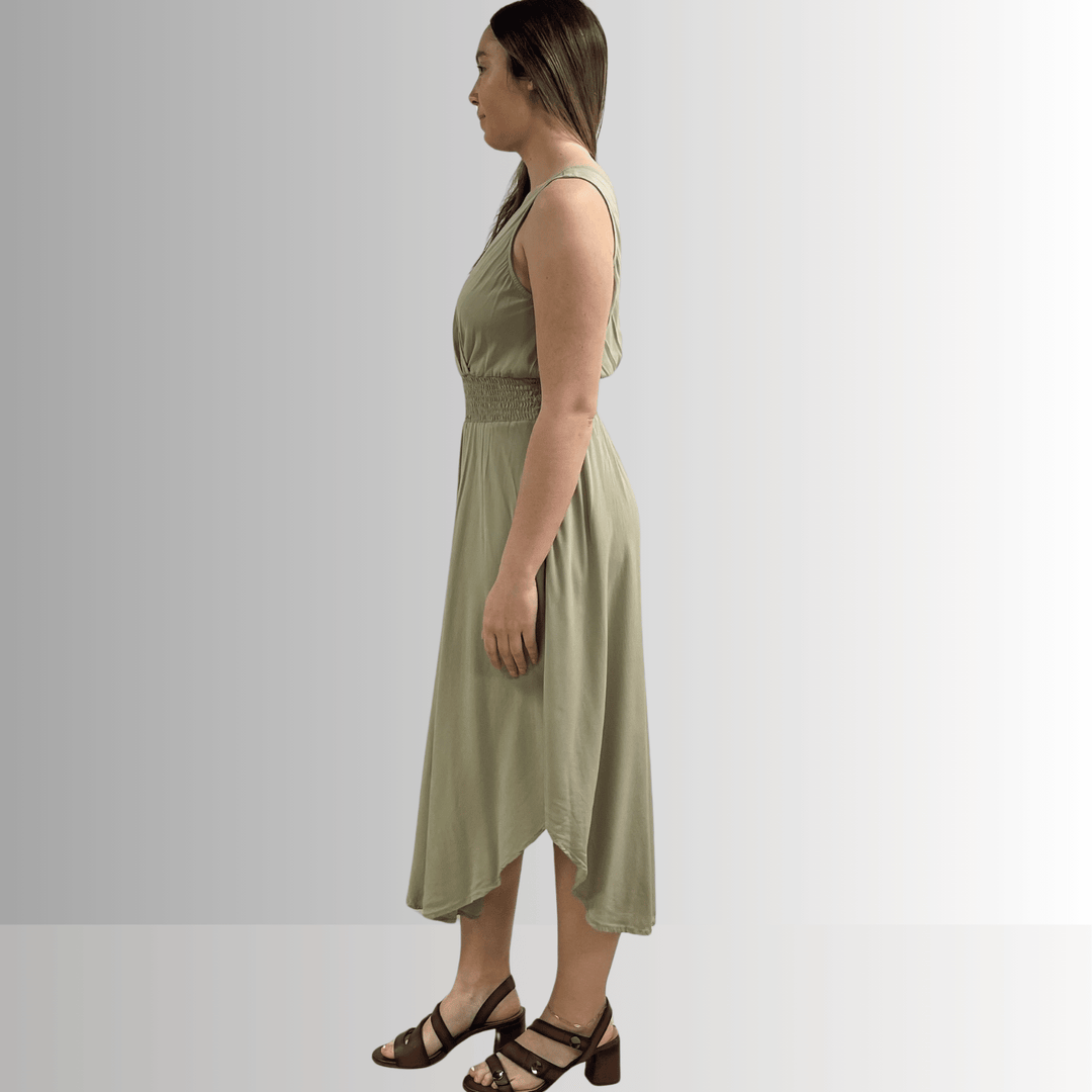 Made in USA Women's Smocked Waist Sleeveless Midi Dress in Sage Green, V-Neck, Rounded Hem Line, 100% Rayon Challis, Machine Wash, Style D40692 | Classy Cozy Cool Made in America Boutique