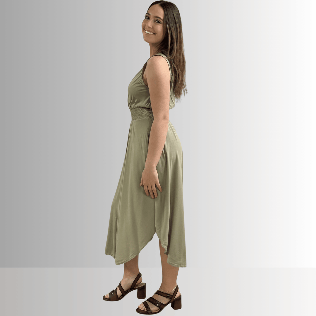 Made in USA Women's Smocked Waist Sleeveless Midi Dress in Sage Green, V-Neck, Rounded Hem Line, 100% Rayon Challis, Machine Wash, Style D40692 | Classy Cozy Cool Made in America Boutique