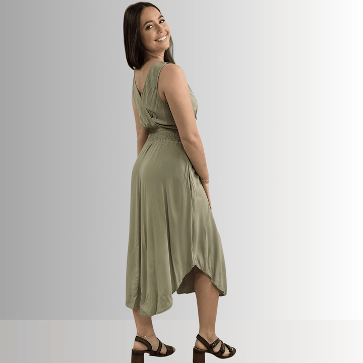 Made in USA Women's Smocked Waist Sleeveless Midi Dress in Sage Green, V-Neck, Rounded Hem Line, 100% Rayon Challis, Machine Wash, Style D40692 | Classy Cozy Cool Made in America Boutique