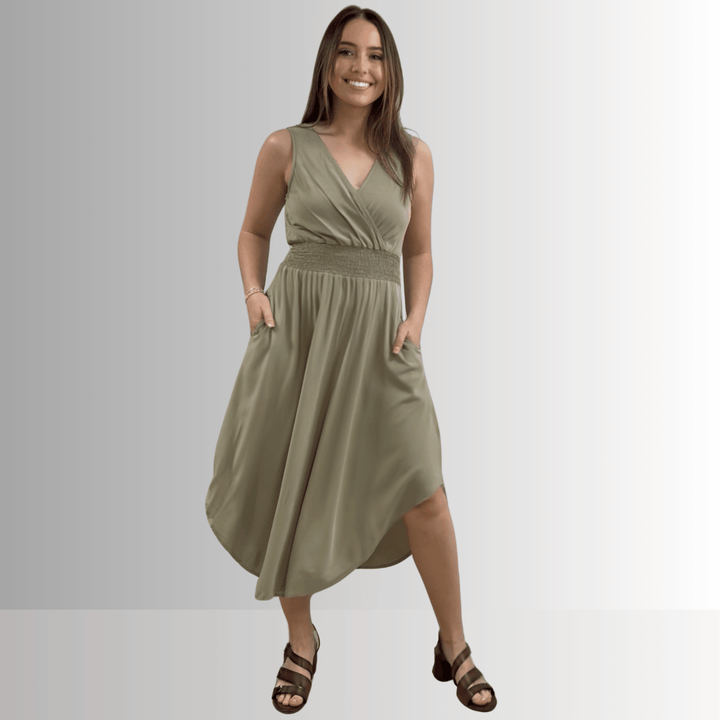 Made in USA Women's Smocked Waist Sleeveless Midi Dress in Sage Green, V-Neck, Rounded Hem Line, 100% Rayon Challis, Machine Wash, Style D40692 | Classy Cozy Cool Made in America Boutique