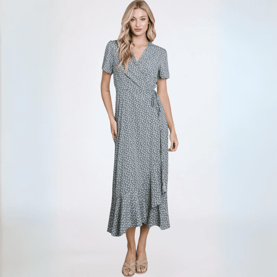 Made in USA Women's Seafoam Printed Floral Surplice Wrap Style Maxi Dress With Tie Side  | Classy Cozy Cool Women's Made in America Boutique