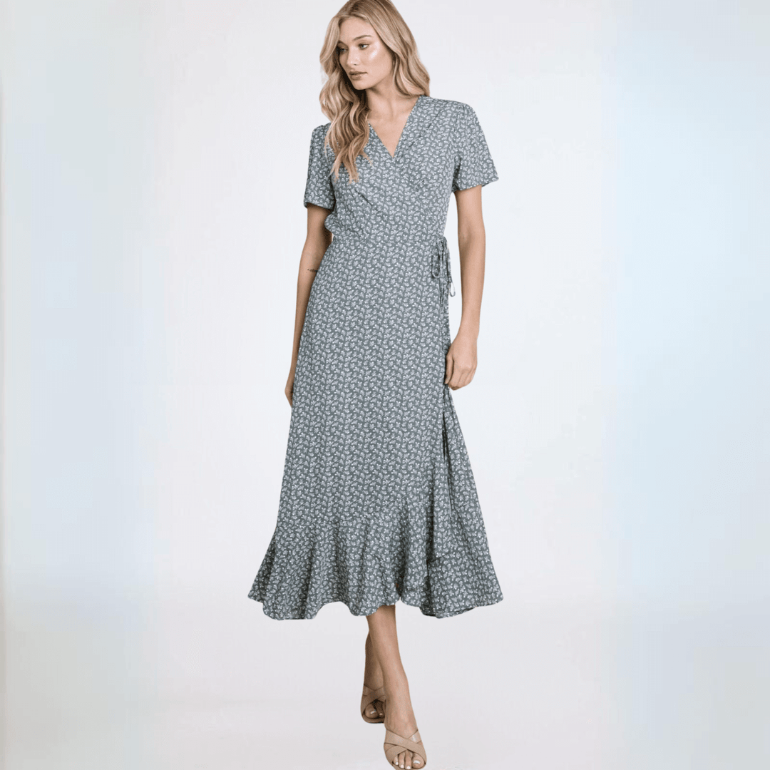 Made in USA Women's Seafoam Printed Floral Surplice Wrap Style Maxi Dress With Tie Side  | Classy Cozy Cool Women's Made in America Boutique