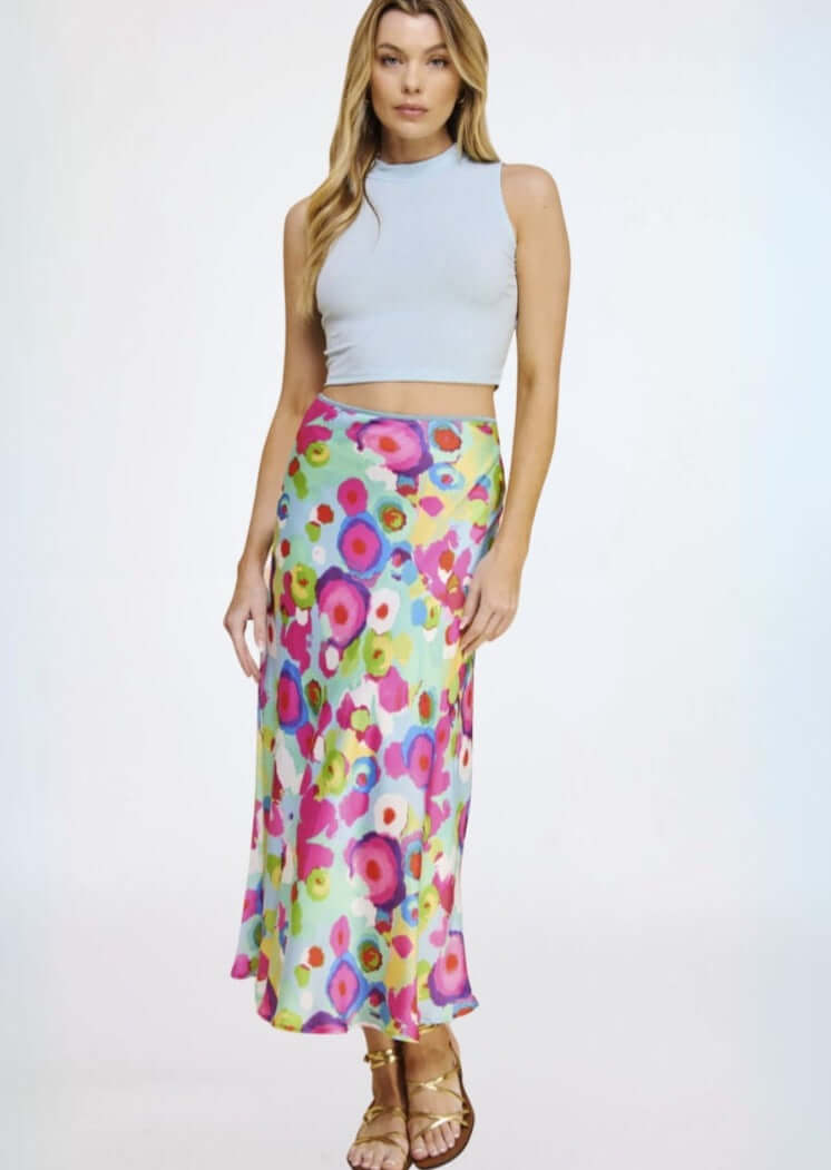 Women's Colorful Satin Midi/Maxi Skirt Aqua & Fuchsia Made in USA | Made in USA | Classy Cozy Cool Made in America Women's Clothing Boutique
