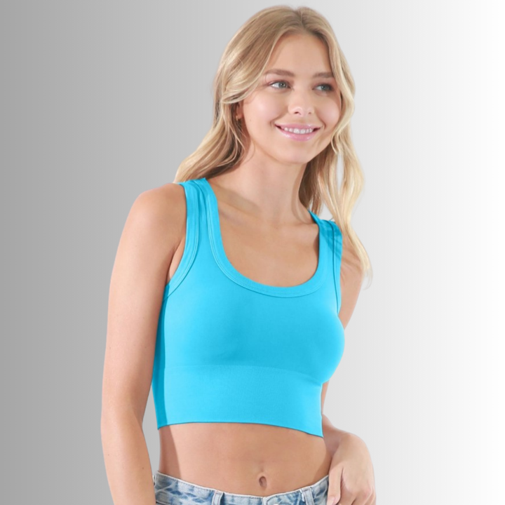 Niki Biki Ladies White Cropped Tank Top Style# NS8121 in Horizon Blue | Made in USA | Classy Cozy Cool Women's Made in America Clothing Boutique