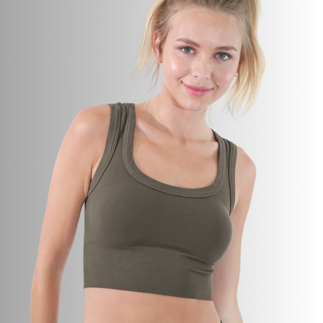 NikiBiki Ladies White Cropped Tank Top Style# NS8121 in Oak Moss | Made in USA | Classy Cozy Cool Women's Made in America Clothing Boutique