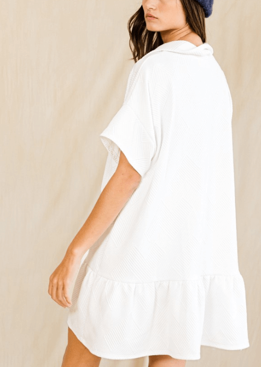 Bucket List Clothing Style# D4185 | Women's White Button Down Textured Shirt Dress or Tunic with Flounce Ruffle Hem | Classy Cozy Cool Made in America Boutique