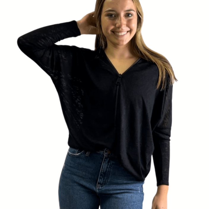 Made in USA Ladies Zipper Neckline Oversized Top Dolman Sleeves Burnout Look Top in Black - Slightly Sheer | Classy Cozy Cool Women's Made in USA Boutique
