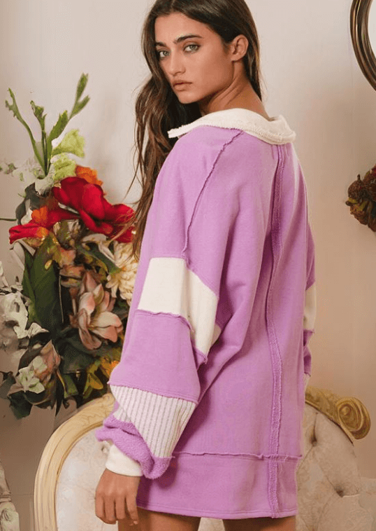 Brand: Bucket List Style# T2004 | Oversized Ladies French Terry 100% Cotton Color Block Sweatshirt with Collar in Lavender & Cream | Made in USA