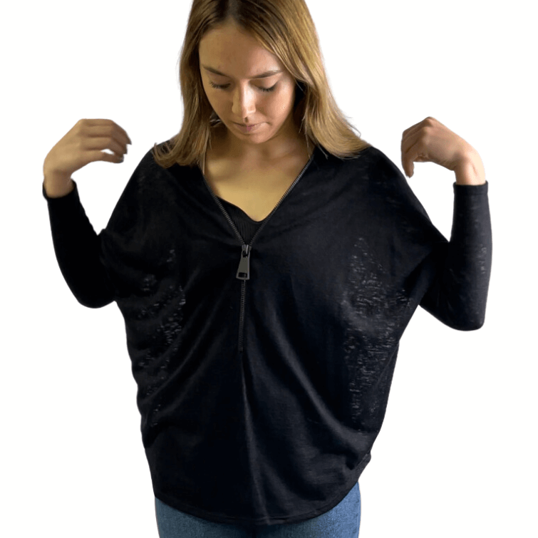 Made in USA Ladies Zipper Neckline Oversized Top Dolman Sleeves Burnout Look Top in Black - Slightly Sheer | Classy Cozy Cool Women's Made in USA Boutique