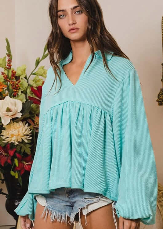 Textured Aqua Blue Women's Baby Doll Bubble Sleeve Top | Bucket List Clothing | Style # T1902 |  Made in USA | Classy Cozy Cool Women’s Clothing Boutique