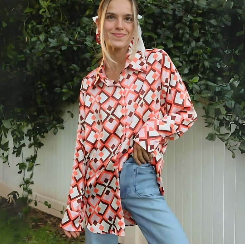 USA Made Ladies Pink Retro Pattern Button Down Satin Top by If She Loves Style # ISJK1250 | Classy Cozy Cool Women's Made in America Clothing Boutique