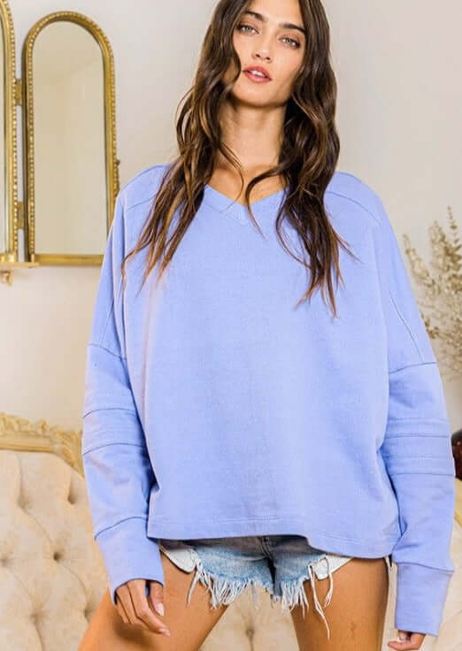 Bucket List Style T2211 | USA Made Ladies Iris Blue Oversized Slouchy Soft & Cozy Sweatshirt with V-Neck | Classy Cozy Cool Women's American Boutique