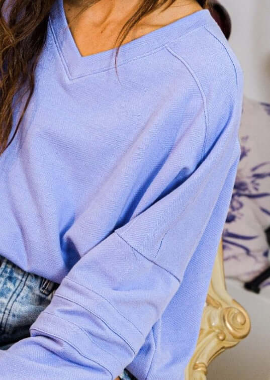 Bucket List Style T2211 | USA Made Ladies Iris Blue Oversized Slouchy Soft & Cozy Sweatshirt with V-Neck | Classy Cozy Cool Women's American Boutique