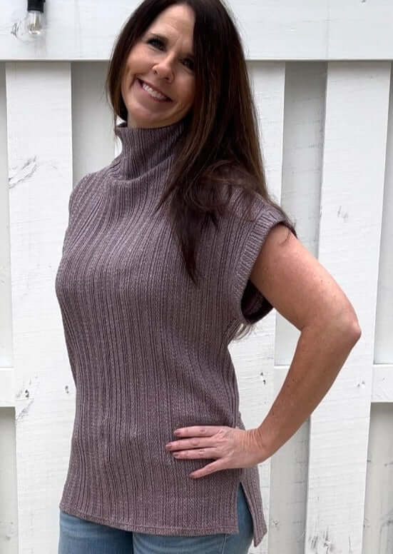 Made in USA Women's Mock Neck Soft Knit Top Sleeveless Drop Shoulder Sweater Vest with Side Slits in Mocha  | Classy Cozy Cool Women's Made in America Boutique