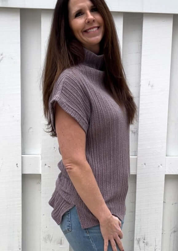 Made in USA Women's Mock Neck Soft Knit Top Sleeveless Drop Shoulder Sweater Vest with Side Slits in Mocha  | Classy Cozy Cool Women's Made in America Boutique
