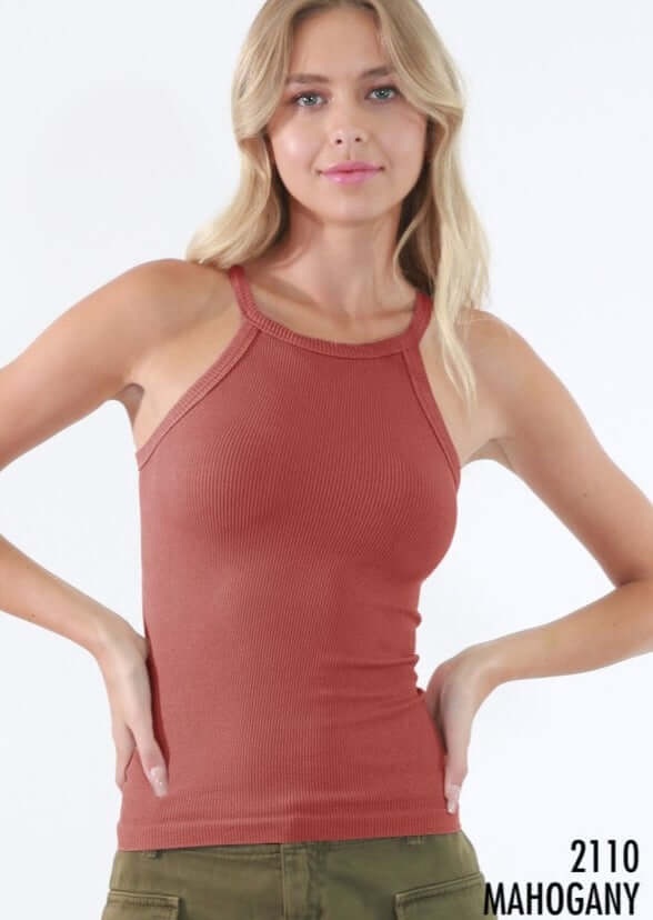 Niki Biki Ladies Fitted Vintage High Neck Ribbed Tank Style NS7799 in Mahogany | Made in USA | Classy Cozy Cool Made in America Boutique