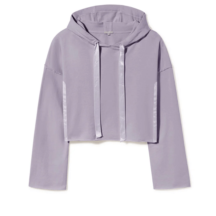 Made in USA PJ Harlow Bianca Premium Women's Loungewear Cropped Length Hoodie in Light Lavender,  Super Soft Cotton Blend with Satin Finish | Classy Cozy Cool Made in America Boutique