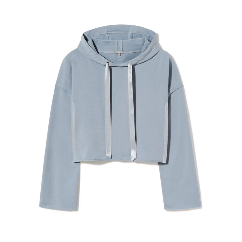 Made in USA PJ Harlow Bianca Premium Women's Loungewear Cropped Length Hoodie in Light Blue,  Super Soft Cotton Blend with Satin Finish | Classy Cozy Cool Made in America Boutique