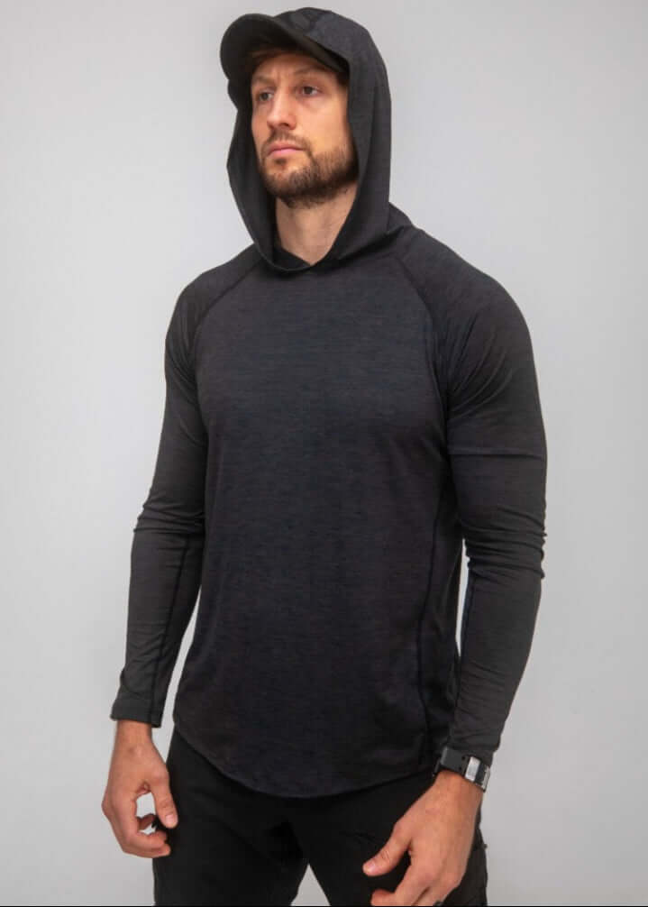 Introducing the Men's 100% Made in USA Sun Hoodie in our bold Midnight Grey colorway — a performance-ready hoodie engineered for outdoor protection.