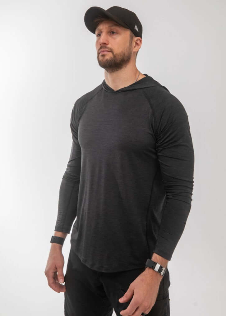 Introducing the Men's 100% Made in USA Sun Hoodie in our bold Midnight Grey colorway — a performance-ready hoodie engineered for outdoor protection.