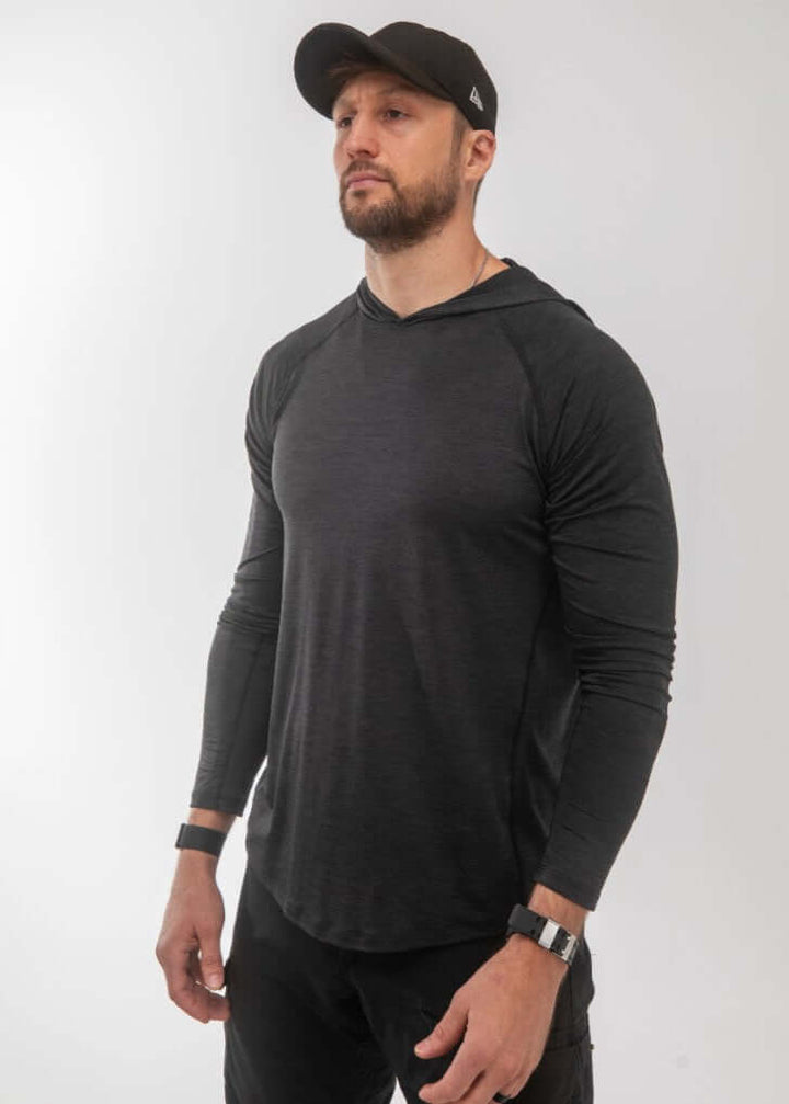 Introducing the Men's 100% Made in USA Sun Hoodie in our bold Midnight Grey colorway — a performance-ready hoodie engineered for outdoor protection.