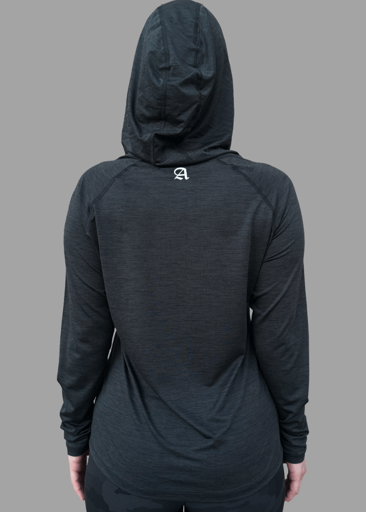 Introducing the 100% Made in USA Female Sun Hoodie (Midnight Grey) — a performance-driven athleisure hoodie designed for everyday comfort, protection, and style. Crafted with UPF 50+ sun protection, a soft stretch feel, and a moisture-wicking finish, it's the lightest hoodie you'll own without sacrificing breathability or fit.