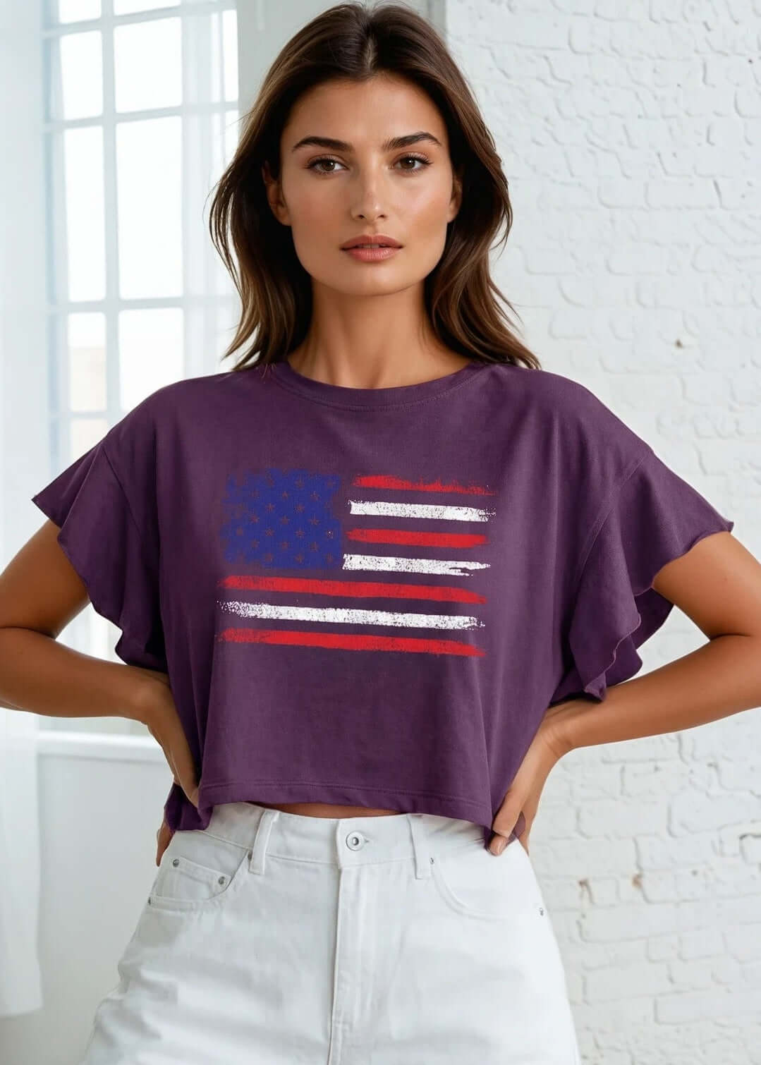 Made in USA Women's Patriotic Purple Cropped Top with USA Distressed Flag Graphic, Short Flutter Dolman Sleeves, Crew Neck | Bucket List Style T1423