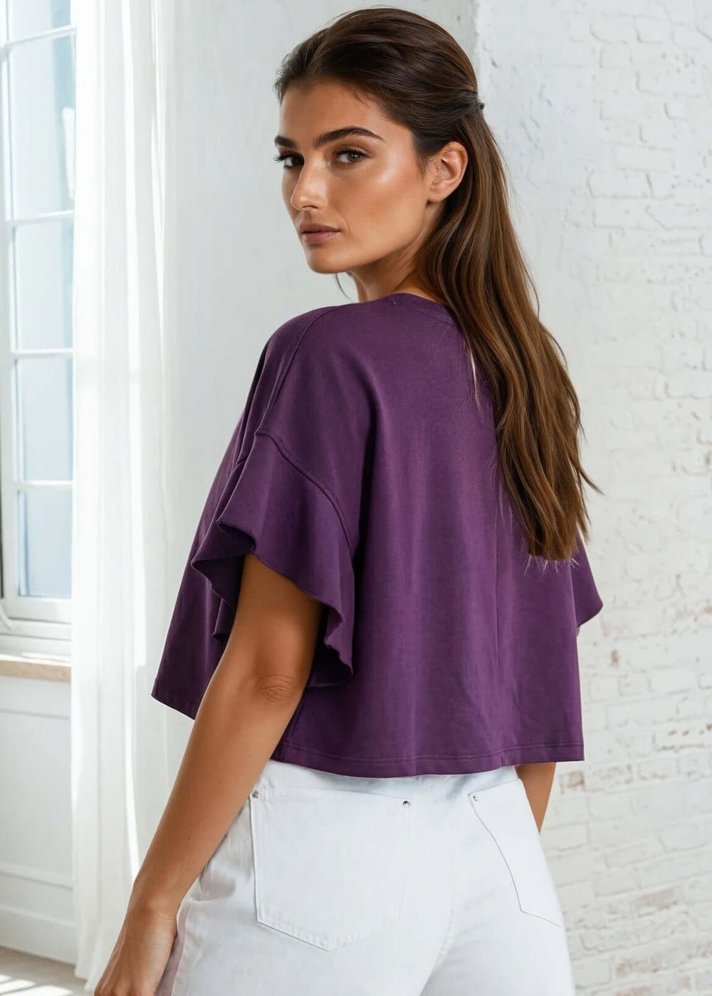 Made in USA Women's Patriotic Purple Cropped Top with USA Distressed Flag Graphic, Short Flutter Dolman Sleeves, Crew Neck | Bucket List Style T1423