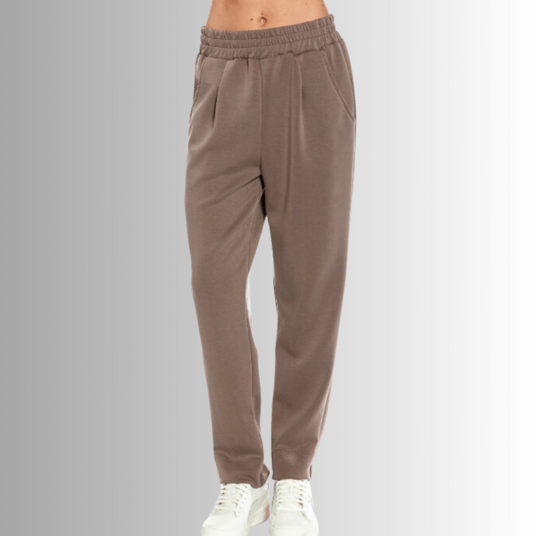 Made in USA Women's Super Soft Relaxed Fit Tapered Pant, Material Compares to LuLulemon Scuba Line, With Side Pockets in Brown