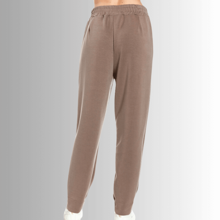 Made in USA Women's Super Soft Relaxed Fit Tapered Pant, Material Compares to LuLulemon Scuba Line, With Side Pockets in Brown