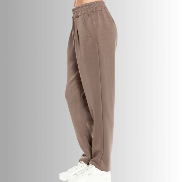 Made in USA Women's Super Soft Relaxed Fit Tapered Pant, Material Compares to LuLulemon Scuba Line, With Side Pockets in Brown