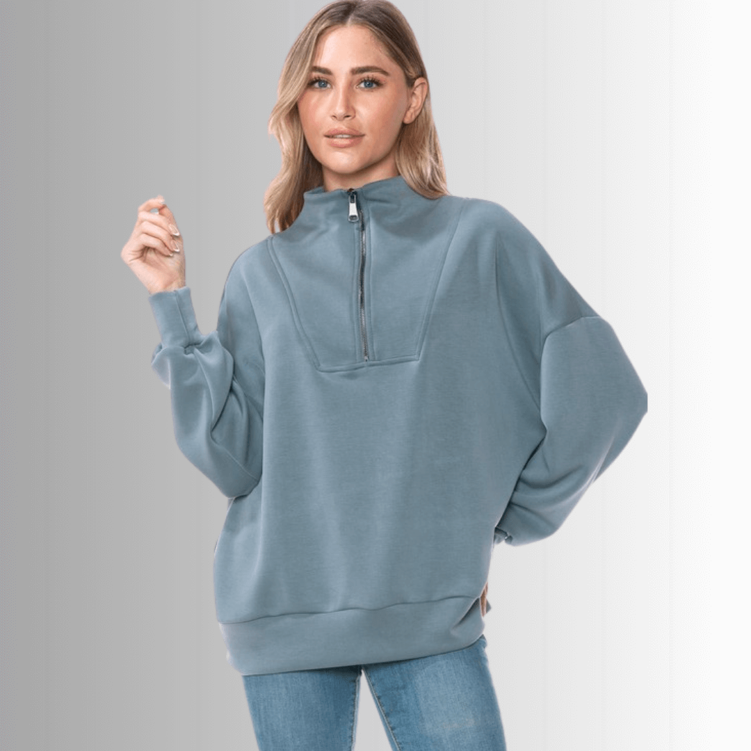 Made in USA Half Zip Women's Relaxed Fit Pullover in Slate Blue Compare to Lululemon Scuba Line | Classy Cozy Cool Made in America Boutique